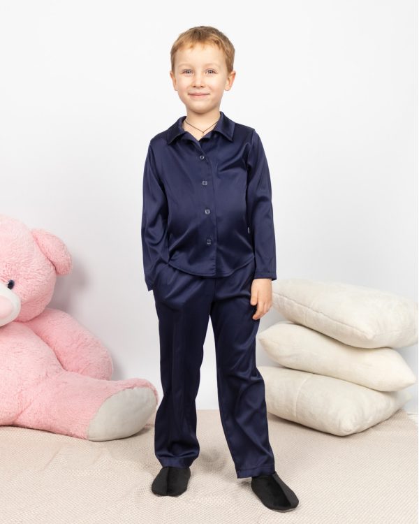 Пижама детская домашняя шелковая рубашка со штанами Темно-синий 98-104 - Пижамы от Maybel