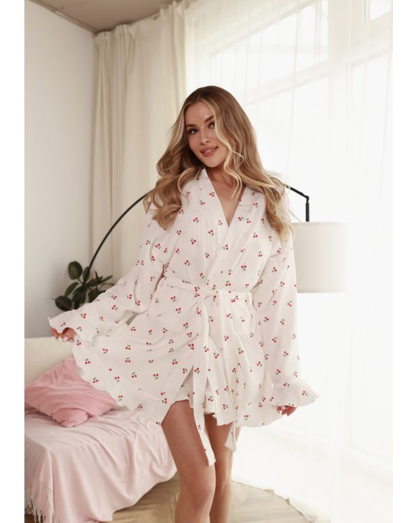 Халат женский короткий муслиновый с рюшами Вишни XL - Халаты от Maybel