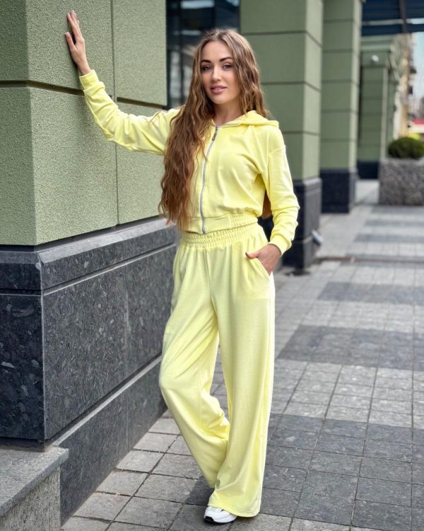Женский костюм из велюра кофта на змейке с капюшоном и штаны-палаццо Комфортная одежда – базовая пот.. Женский костюм из велюра кофта на змейке с капюшоном и штаны-палаццо Лимонный 3XL - Женские костюмы от Maybel